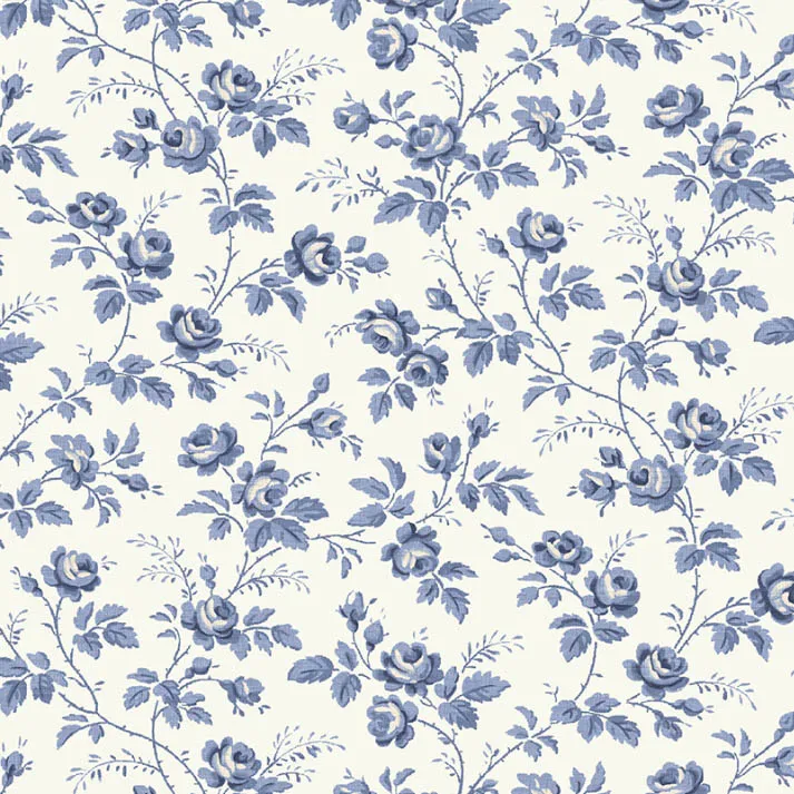 Katoen wit met blauwe rozen